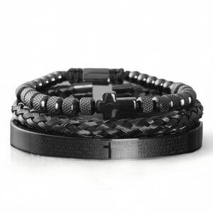 NEW - 3PC STUNNING STAINLESS STEEL BRACELET SET FAITH BASED - BLACK